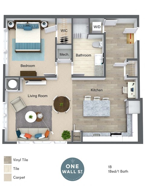 Floor plan for 1 bed, 1 bath, 847 sqft